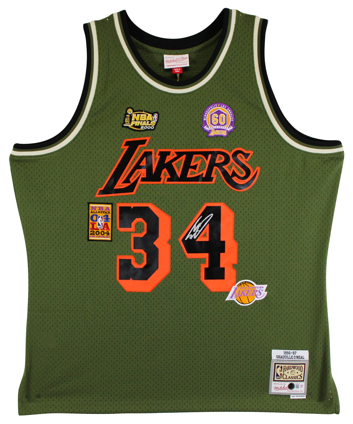 Lakers Shaquille O'Neal Signed Green M&N 1996-97 HWC Swingman Jersey BAS Witness