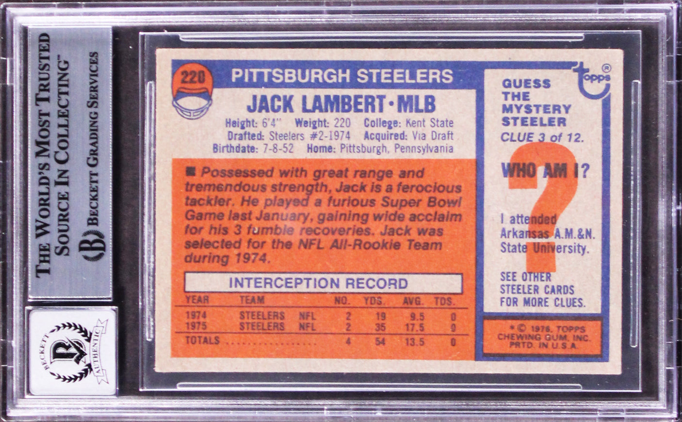 Steelers Jack Lambert "HOF 90" Signed 1976 Topps #220 Card Auto 10! BAS Slabbed