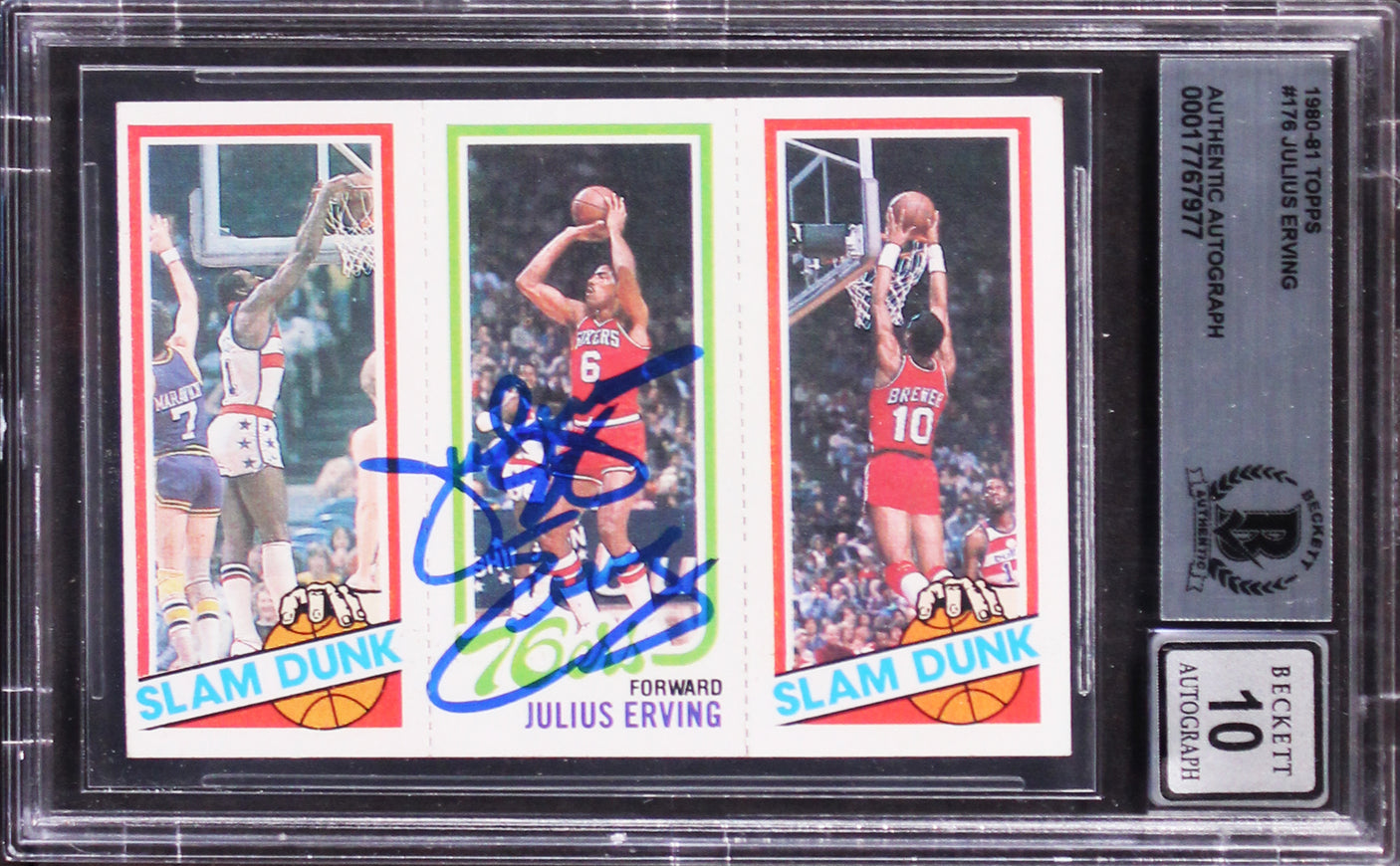 76ers Julius Erving Signed 1980 Topps #176 Card Auto Graded Mint 10! BAS Slabbed
