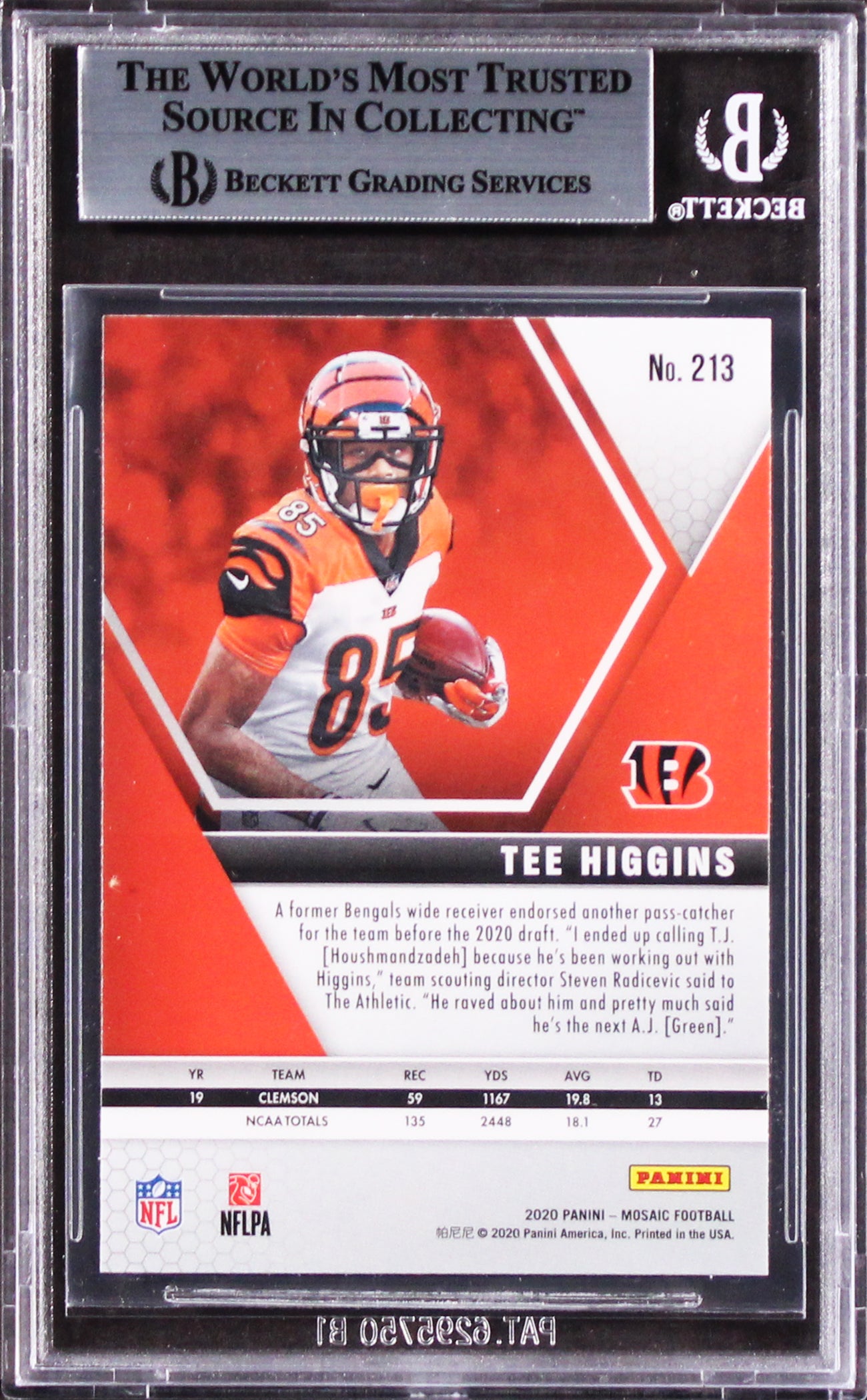 Bengals Tee Higgins Signed 2020 Panini Mosaic #213 Rookie Card BAS Slabbed