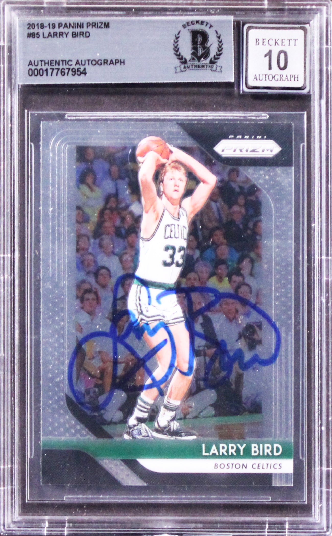 Celtics Larry Bird Authentic Signed 2018 Panini Prizm #85 Card Auto 10 BAS Slab