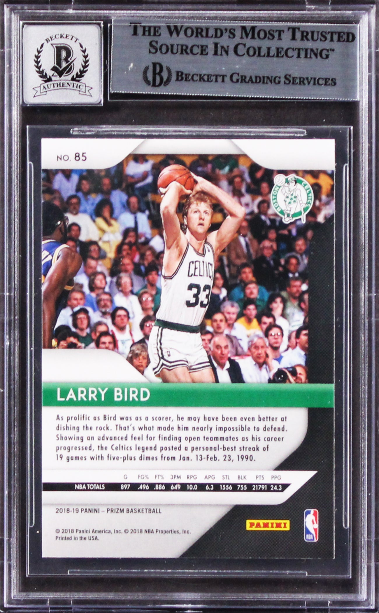 Celtics Larry Bird Authentic Signed 2018 Panini Prizm #85 Card Auto 10 BAS Slab