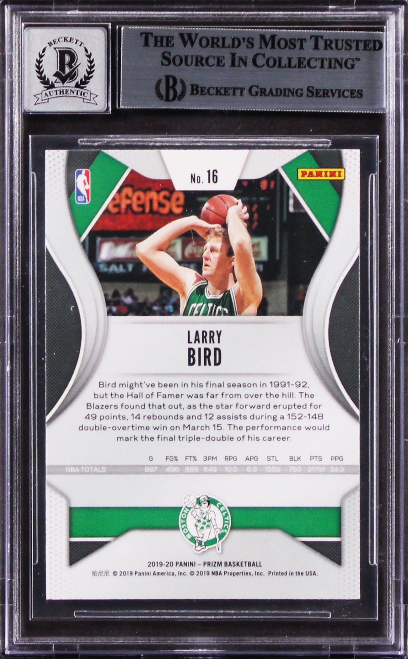 Celtics Larry Bird Signed 2019 Panini Prizm #16 Card Auto 10! BAS Slabbed
