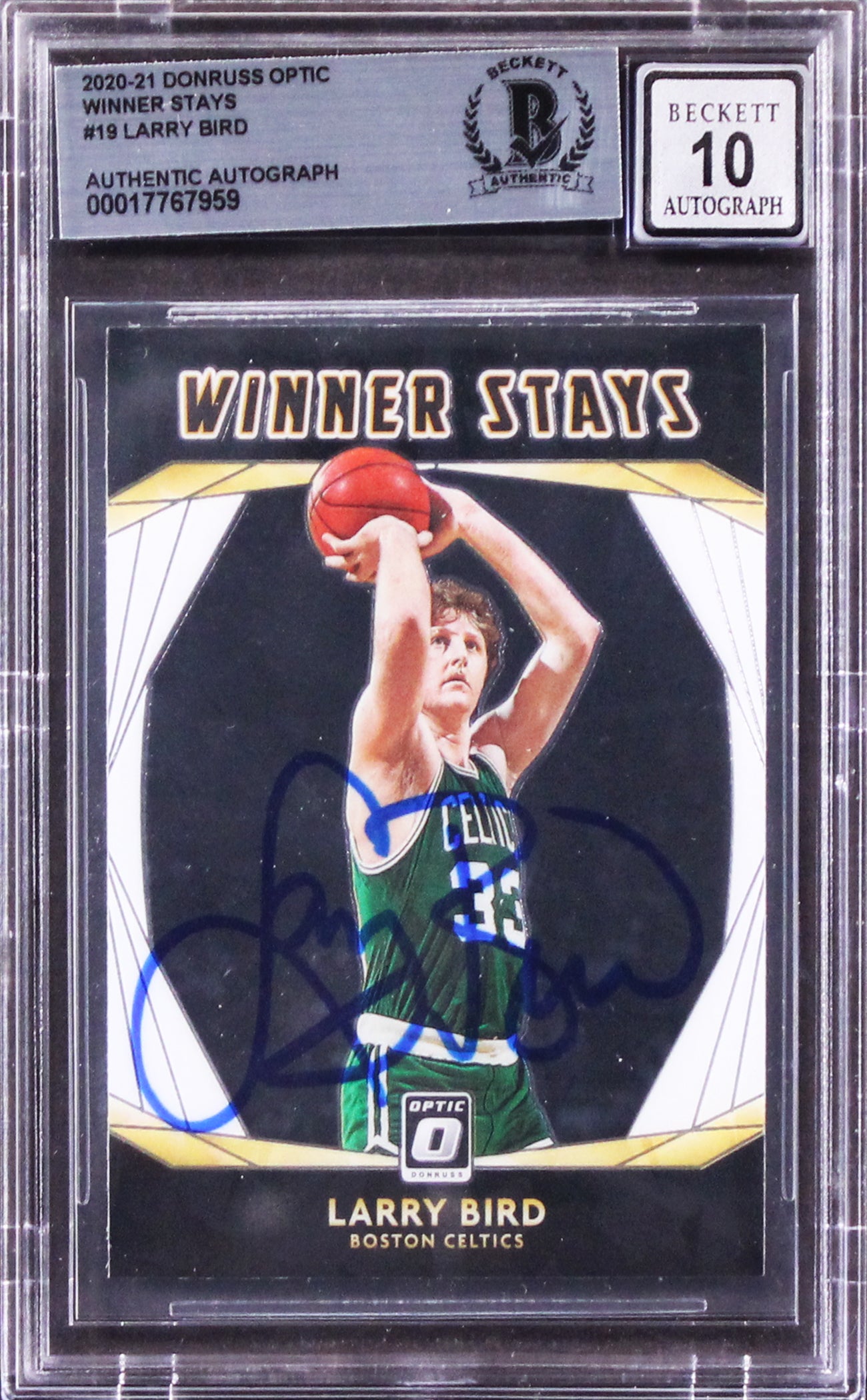 Celtics Larry Bird Signed 2020 Donruss Optic Winner Stays #19 Auto 10 BAS Slab