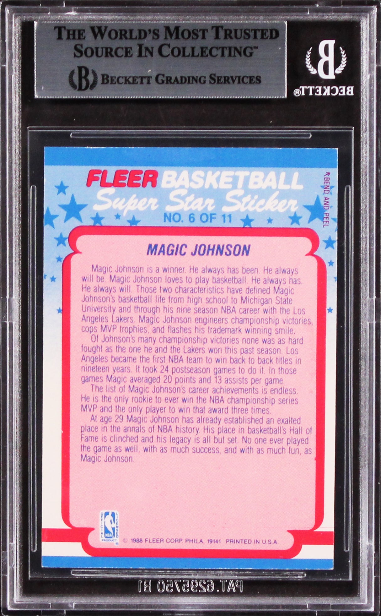 Lakers Magic Johnson Authentic Signed 1988 Fleer Stickers #6 Card BAS Slabbed