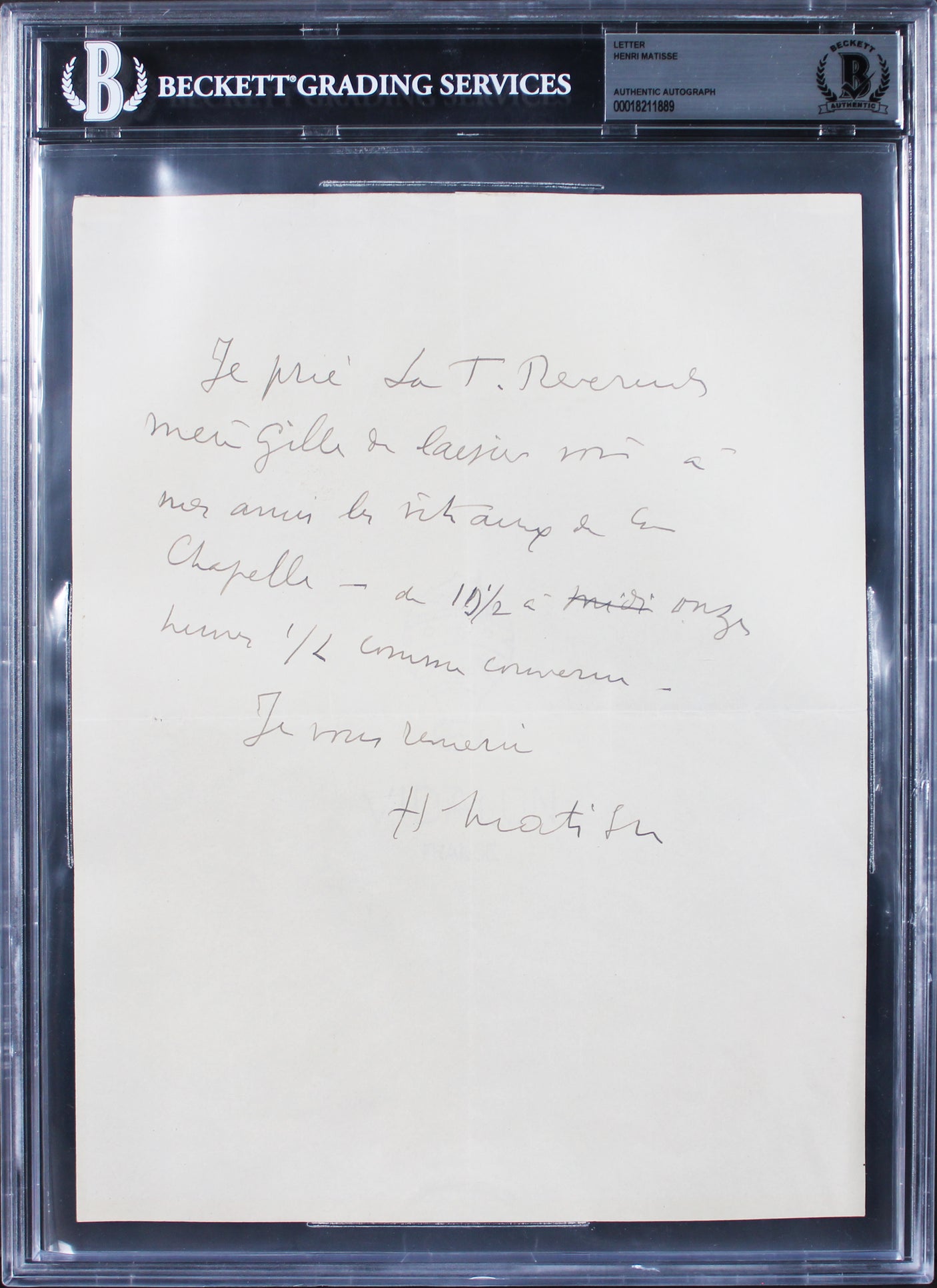 Henri Matisse Authentic Signed 8.5x10.5 Handwritten Letter BAS Slabbed