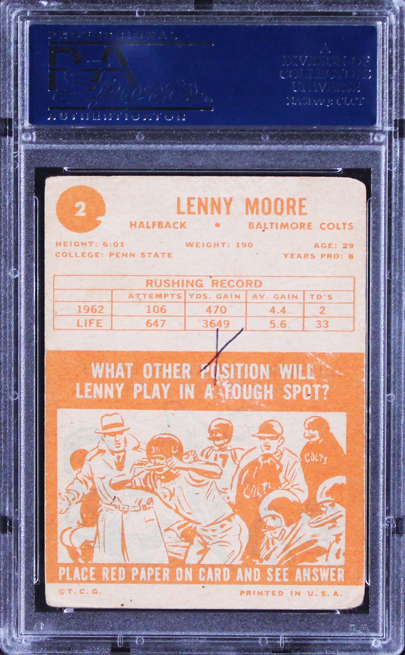 Colts Lenny Moore Authentic Signed 1963 Topps #2 Card PSA/DNA Slabbed