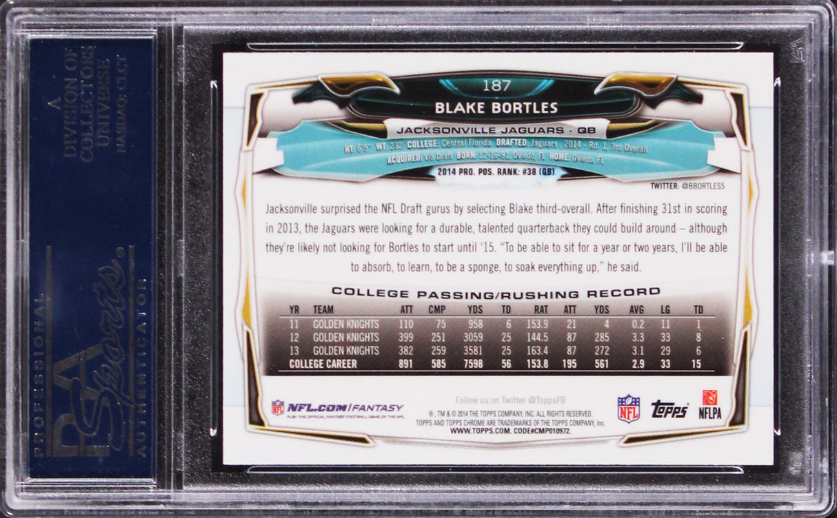 Jaguars Blake Bortles Authentic Signed 2014 Topps #187 Rookie Card PSA/DNA Slab