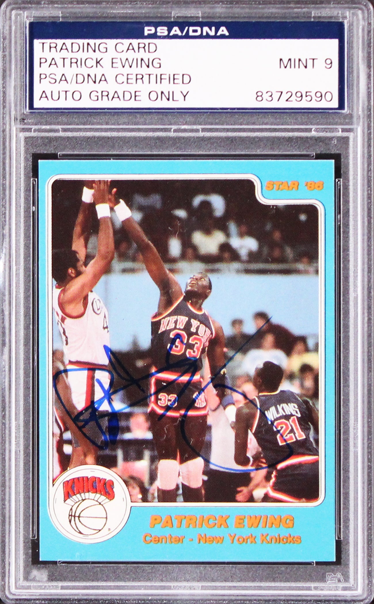Knicks Patrick Ewing Signed Star '86 Rookie Card Auto Graded Mint 9! PSA Slabbed