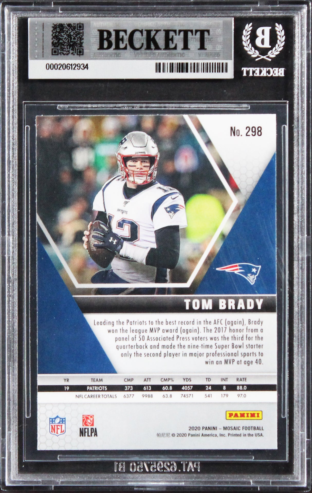 Patriots Tom Brady Signed 2020 Panini Mosaic #298 Card Auto 9! BAS Slabbed