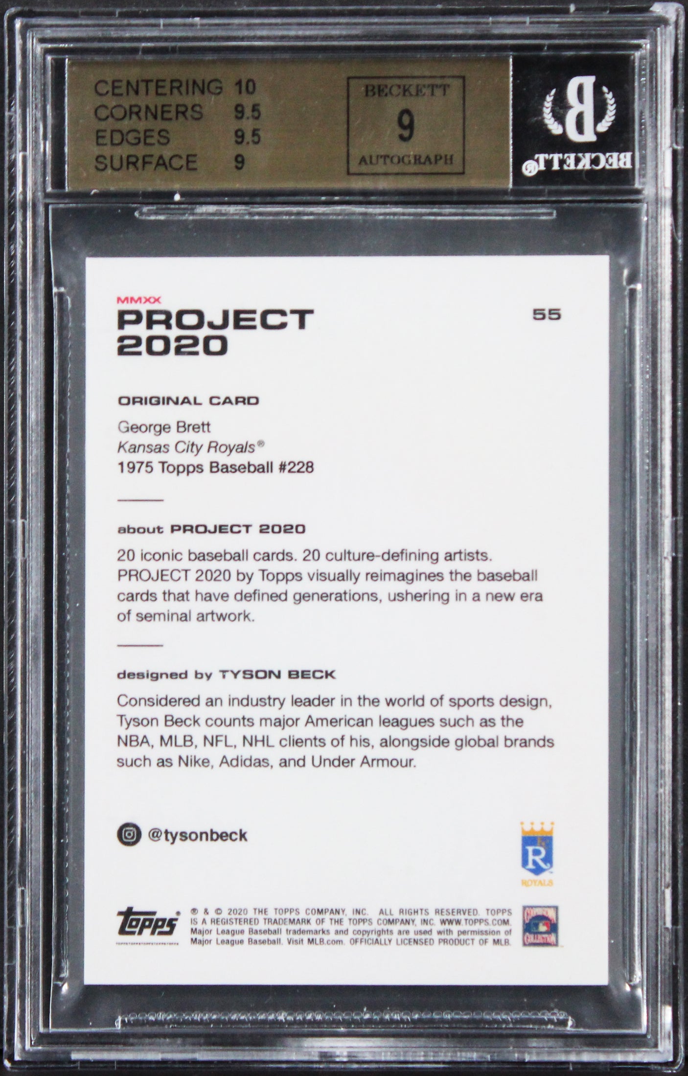 Royals George Brett Signed 2020 Topps Project 2020 #55 Card 9.5 Auto 9! BAS Slab