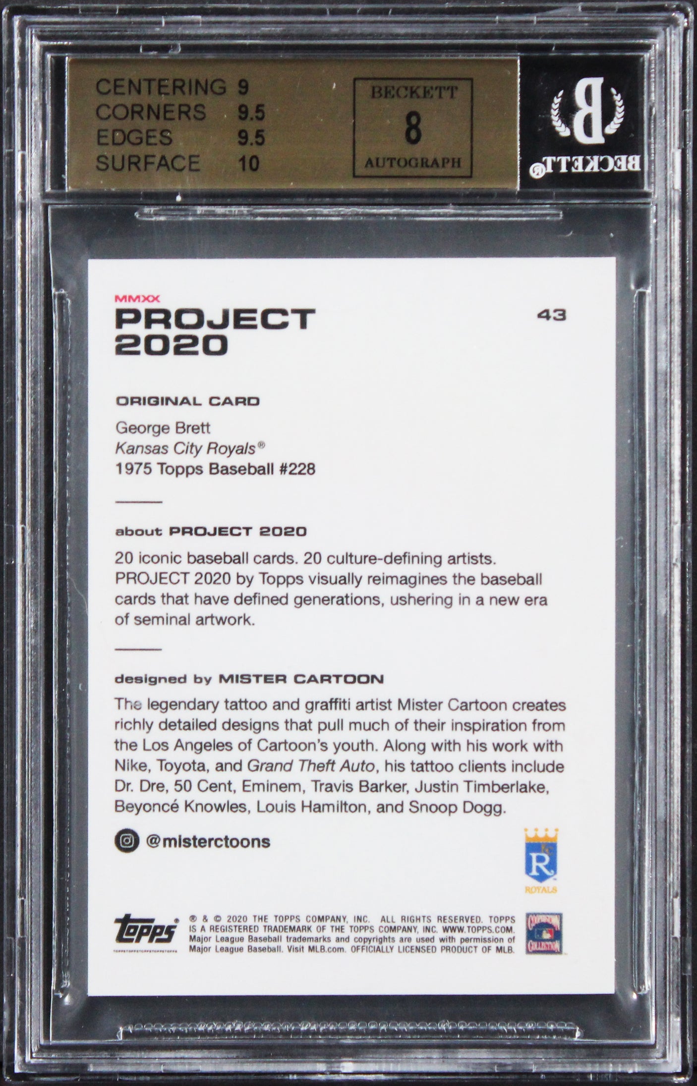 Royals George Brett Signed Topps Project 2020 #43 Card 9.5, Auto 8! BAS Slabbed