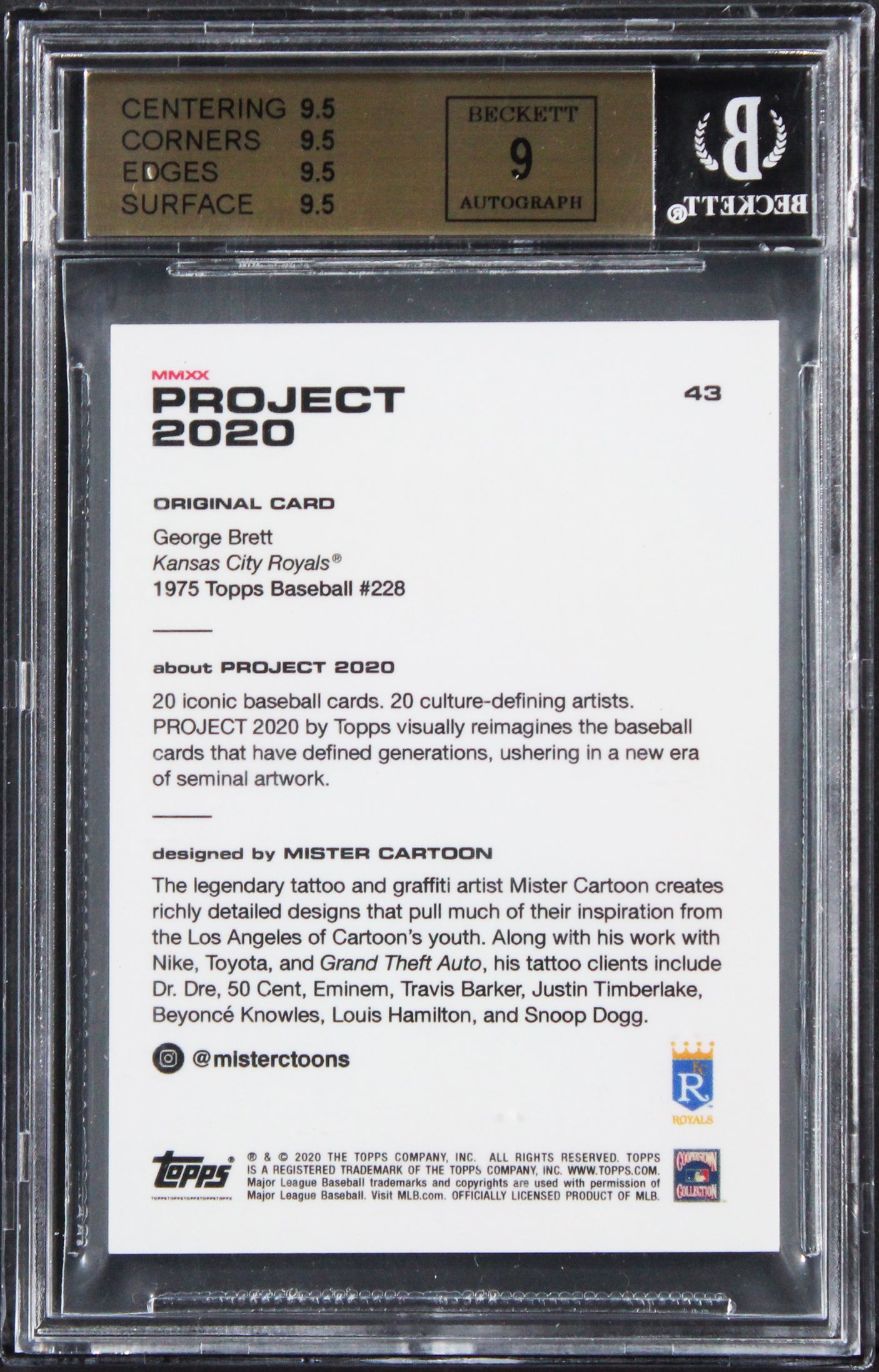 Royals George Brett Signed Topps Project 2020 #43 Card 9.5, Auto 9! BAS Slabbed