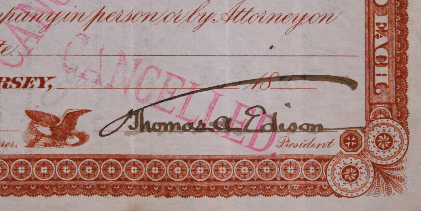 Thomas Edison Signed 5.75x14 Phonograph Works Stock Certificate BAS #AE13289