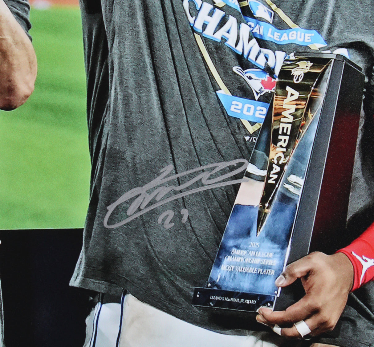 Vladimir Guerrero Jr. Signed 16x20 Vertical ALCS MVP Trophy Photo BAS Witnessed