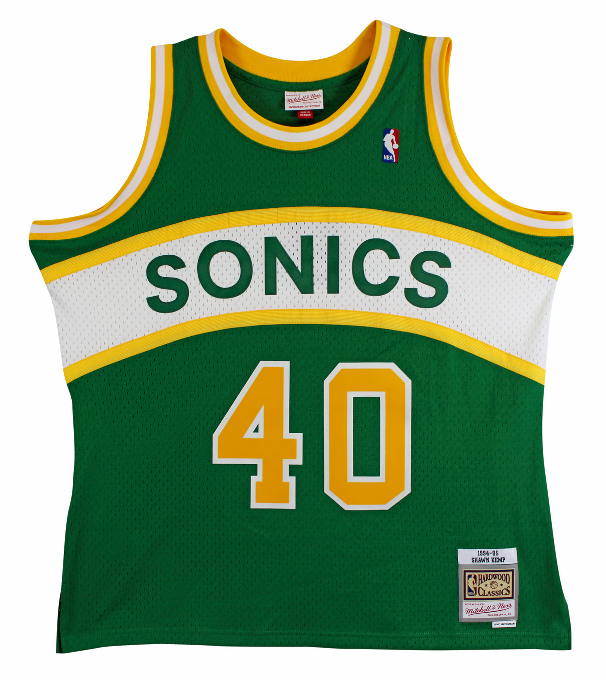 Sonics Shawn Kemp "Reign Man" Signed Green M&N 1994-95 HWC Swingman Jersey BAS