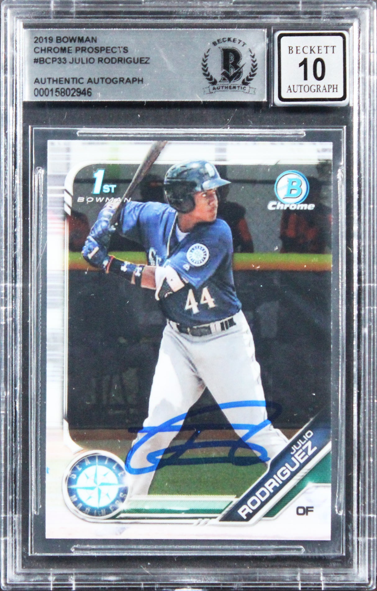 Julio Rodriguez Signed 2019 Bowman Chrome #BCP33 RC Card Auto 10! BAS Slabbed