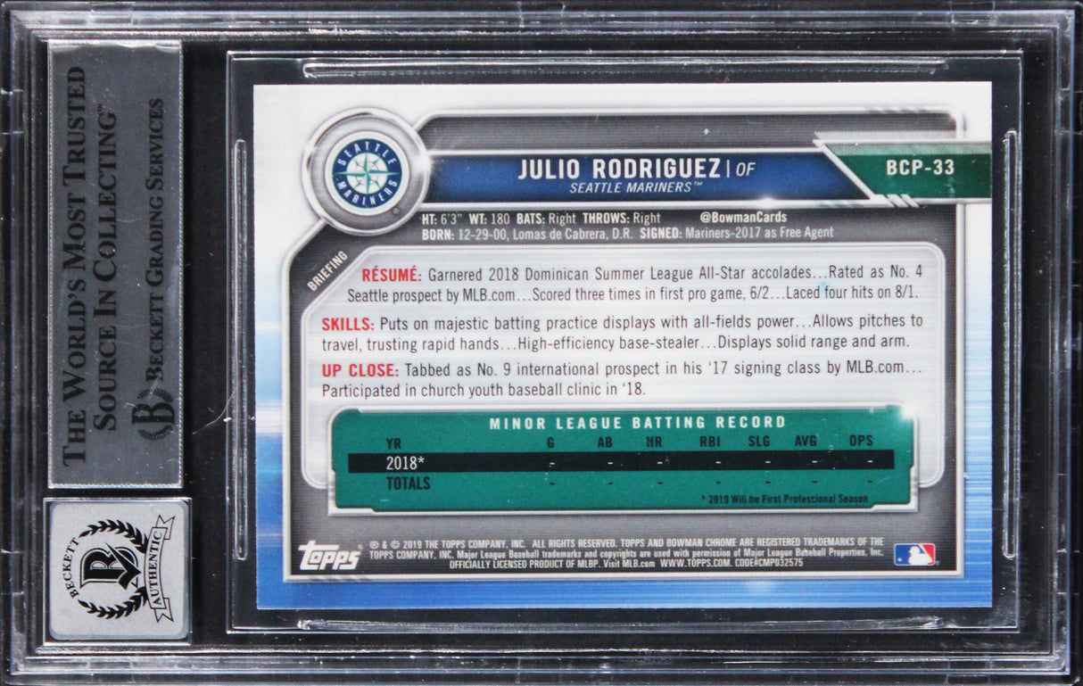 Julio Rodriguez Signed 2019 Bowman Chrome #BCP33 RC Card Auto 10! BAS Slabbed