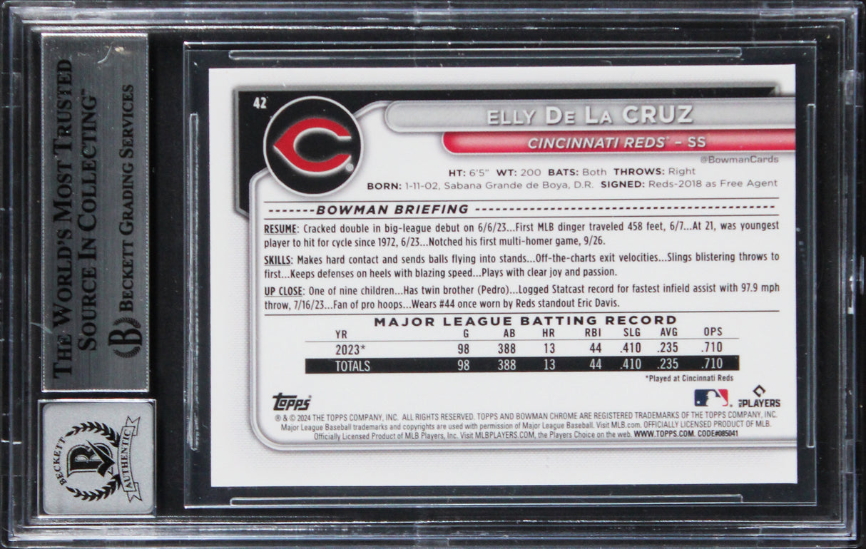 Reds Elly De La Cruz Signed 2024 Bowman Chrome #42 Rookie Card Auto 10! BAS Slab