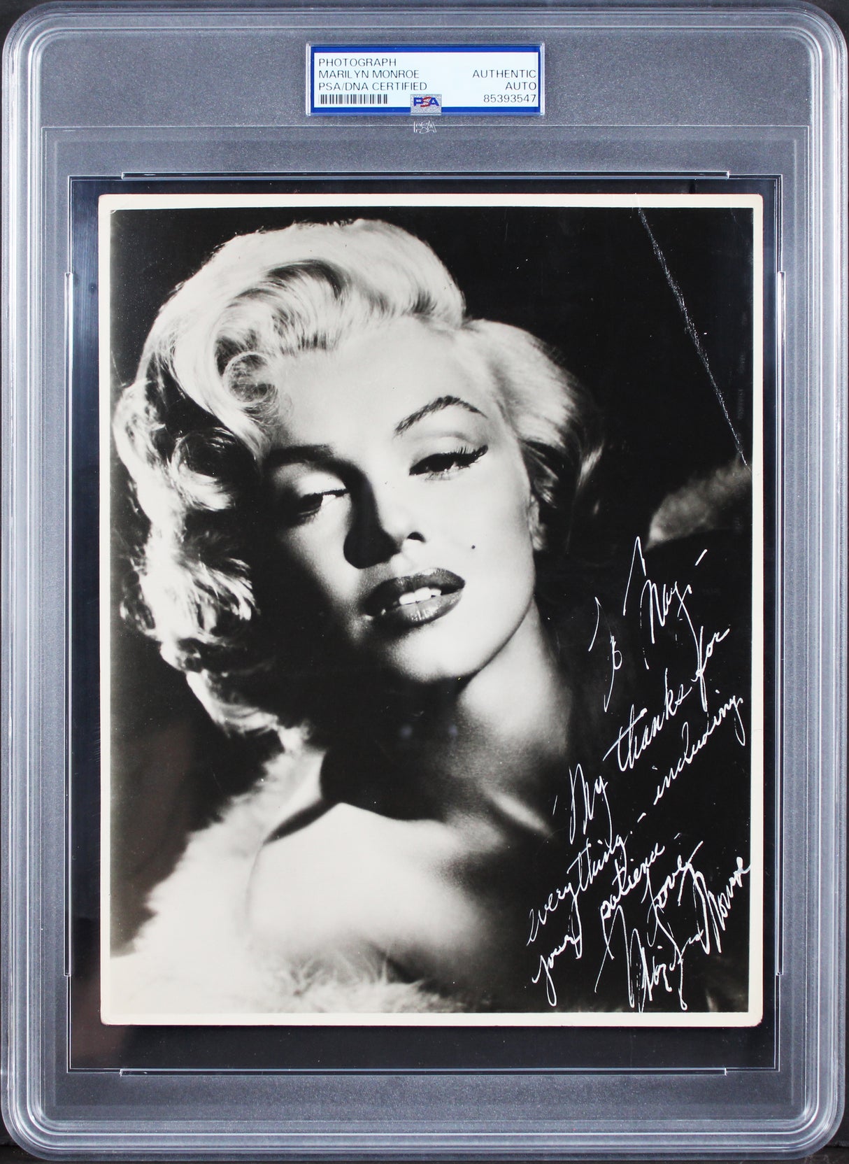 Marilyn Monroe "My thanks for everything" Signed 7.5x9.5 Photo PSA Slabbed