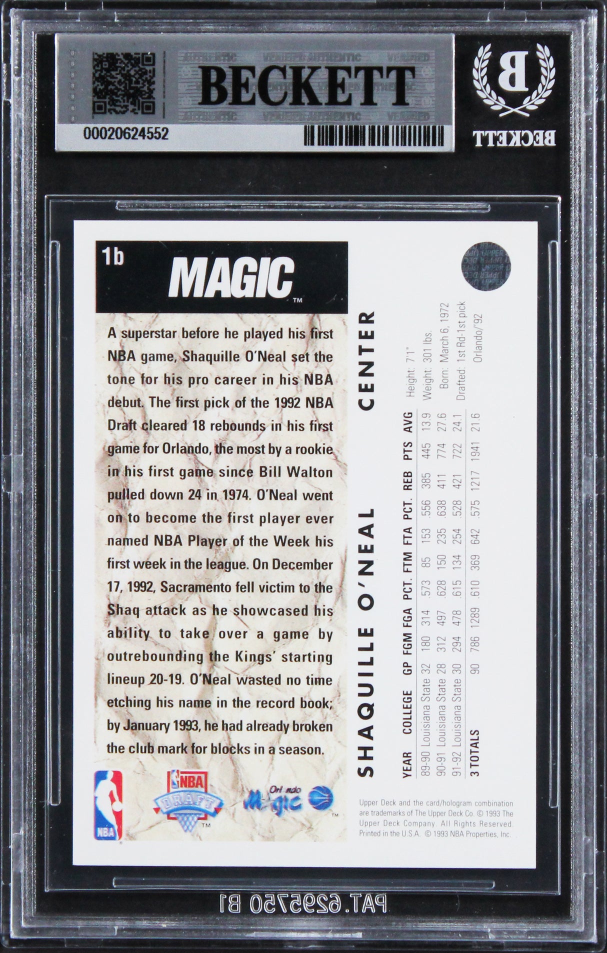 Shaquille O'Neal Authentic Signed 1992 Upper Deck #1 RC Trade Card BAS Slab NS
