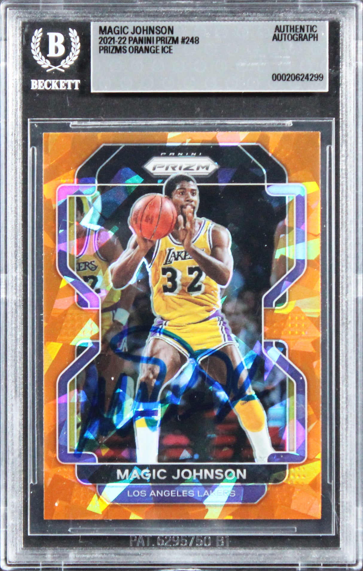 Lakers Magic Johnson Signed 2021 Panini Prizm Orange Ice #248 Card BAS Slabbed