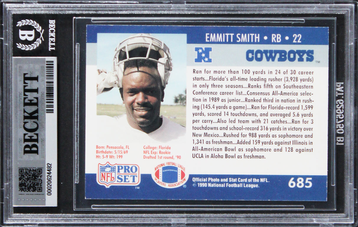 Cowboys Emmitt Smith Authentic Signed 1990 Pro Set #685 Rookie Card BAS Slabbed