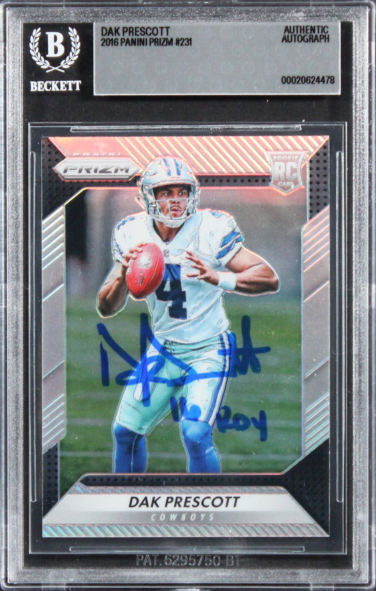 Cowboys Dak Prescott "16 ROY" Signed 2016 Panini Prizm #231 Rookie Card BAS Slab
