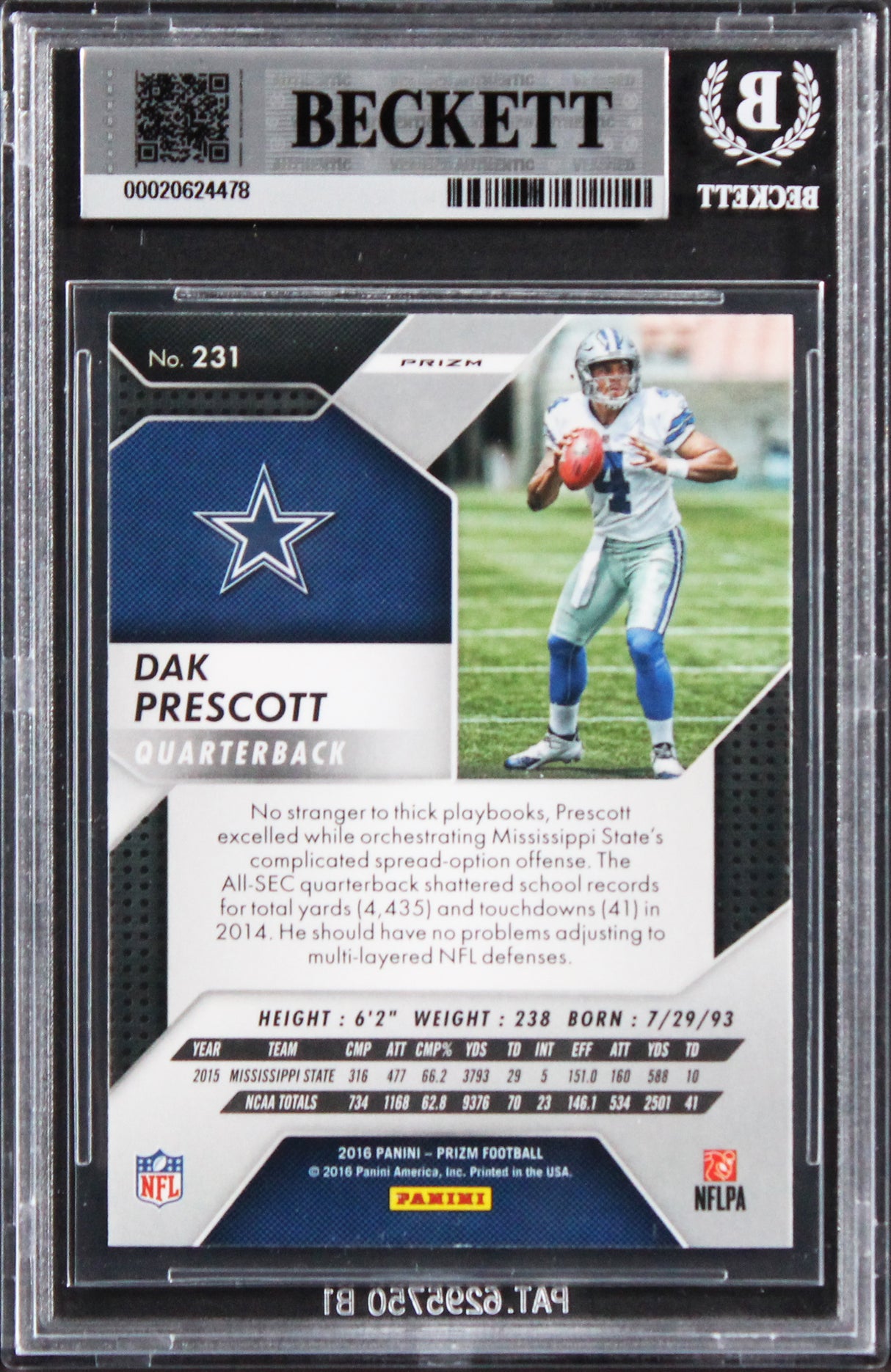 Cowboys Dak Prescott "16 ROY" Signed 2016 Panini Prizm #231 Rookie Card BAS Slab