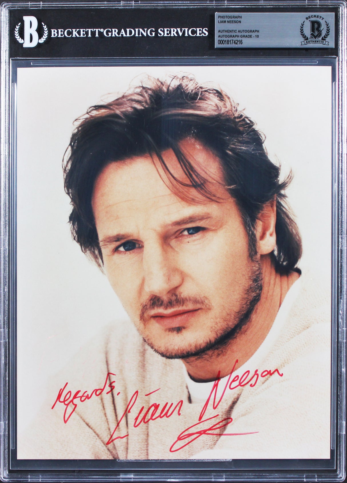 Liam Neeson Schindler's List "Regards" Signed 8x10 Photo Auto 10! BAS Slabbed