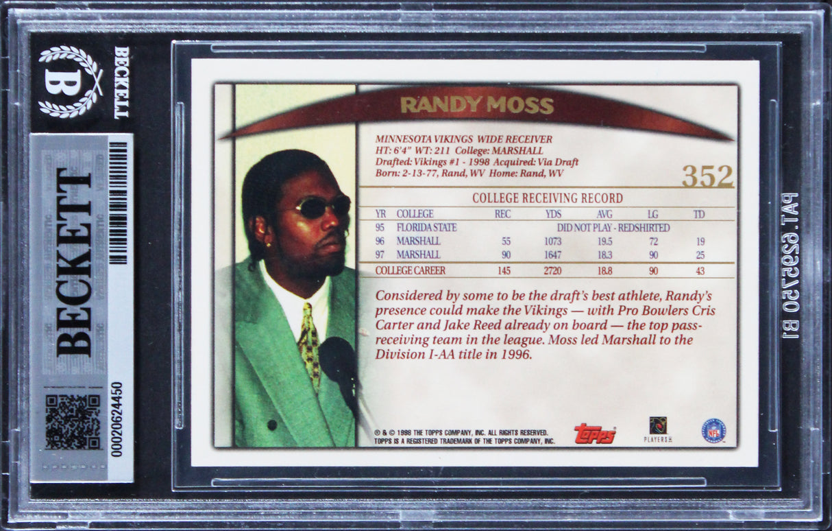 Vikings Randy Moss Authentic Signed 1998 Topps #352 Rookie Card BAS Slabbed