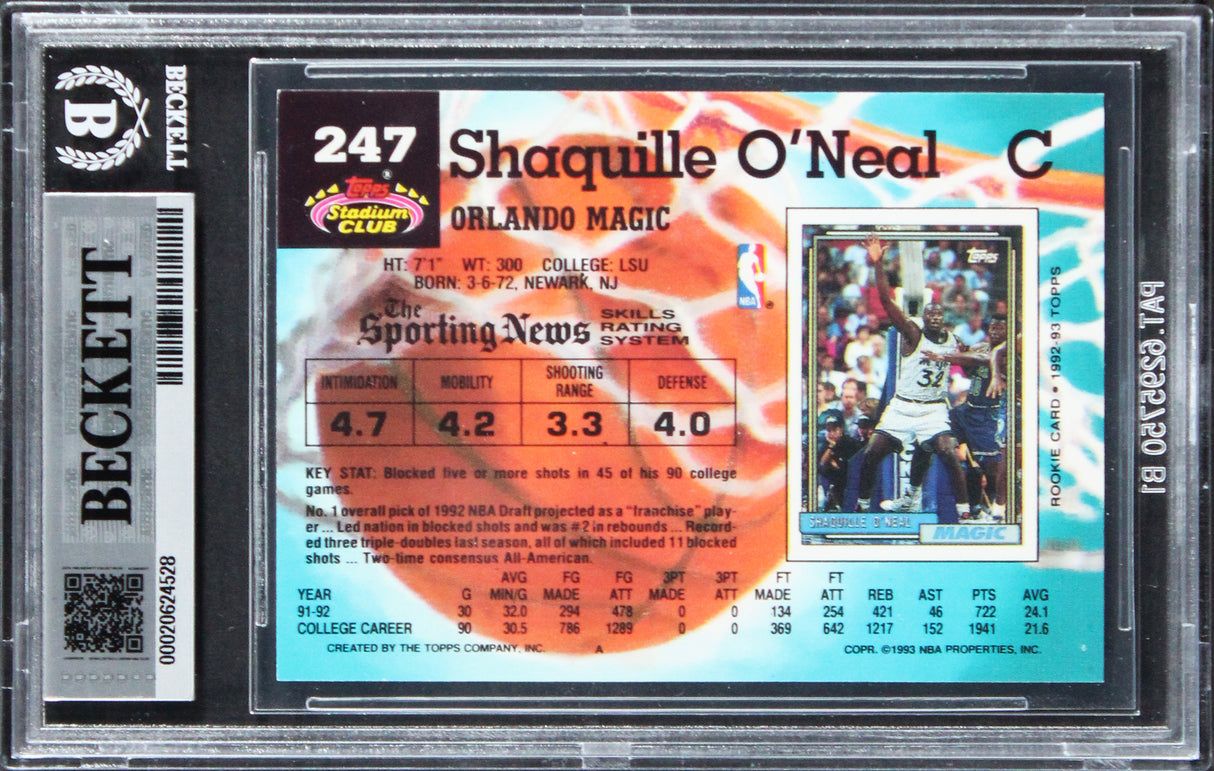Magic Shaquille O'Neal Signed 1992 Stadium Club #247 Rookie Card BAS Slabbed