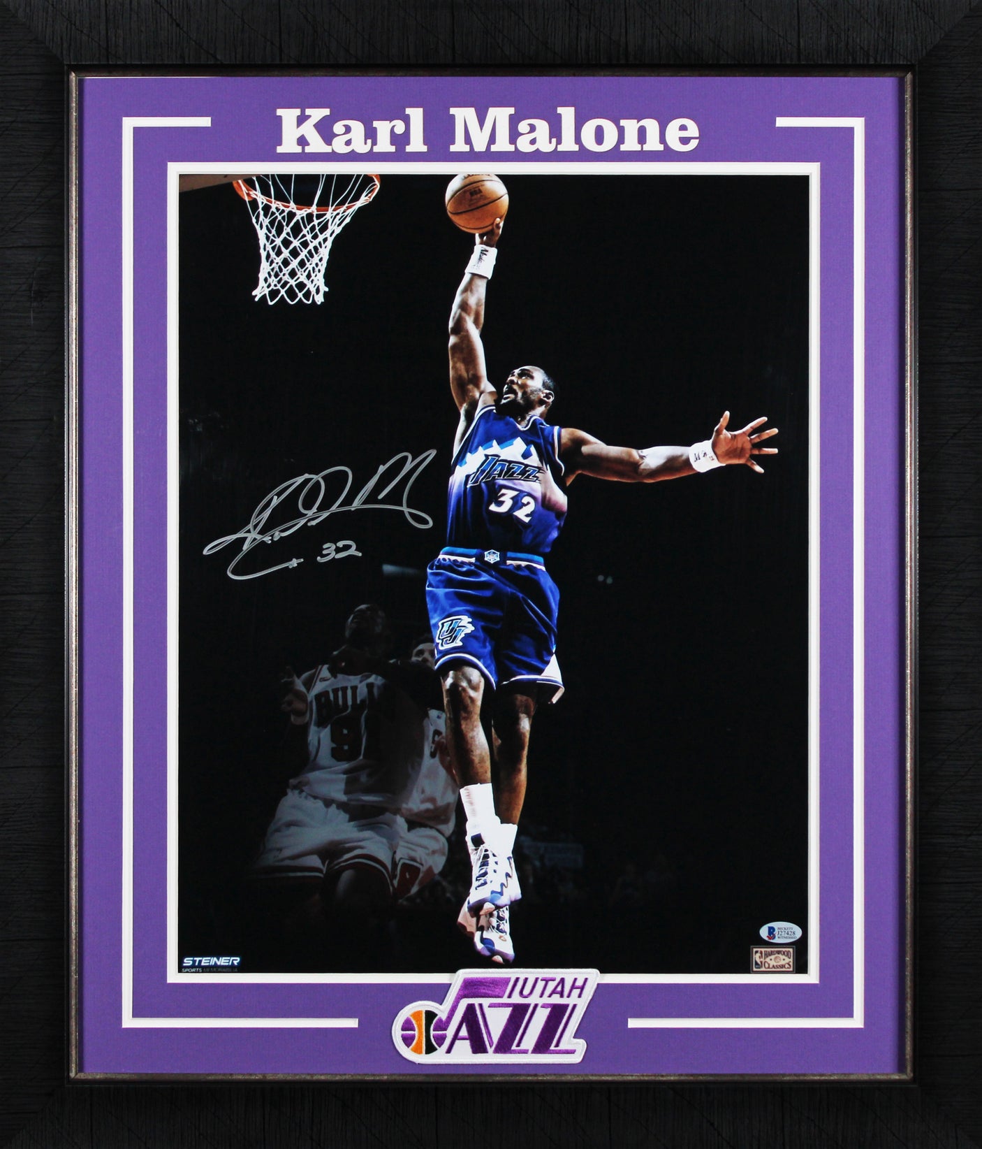 Jazz Karl Malone Signed 16x20 Framed Vertical Spotlight Photo BAS Witnessed