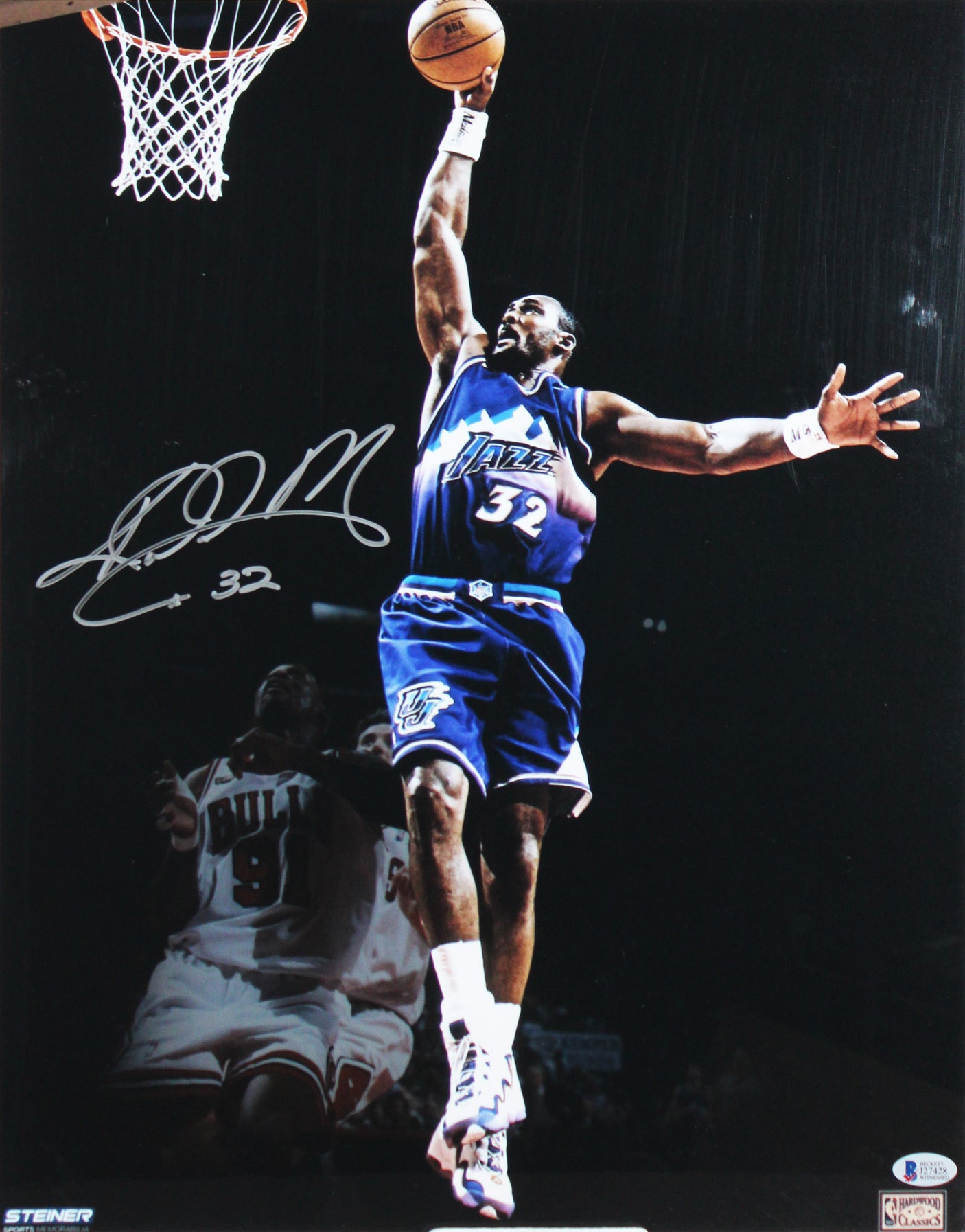 Jazz Karl Malone Signed 16x20 Framed Vertical Spotlight Photo BAS Witnessed
