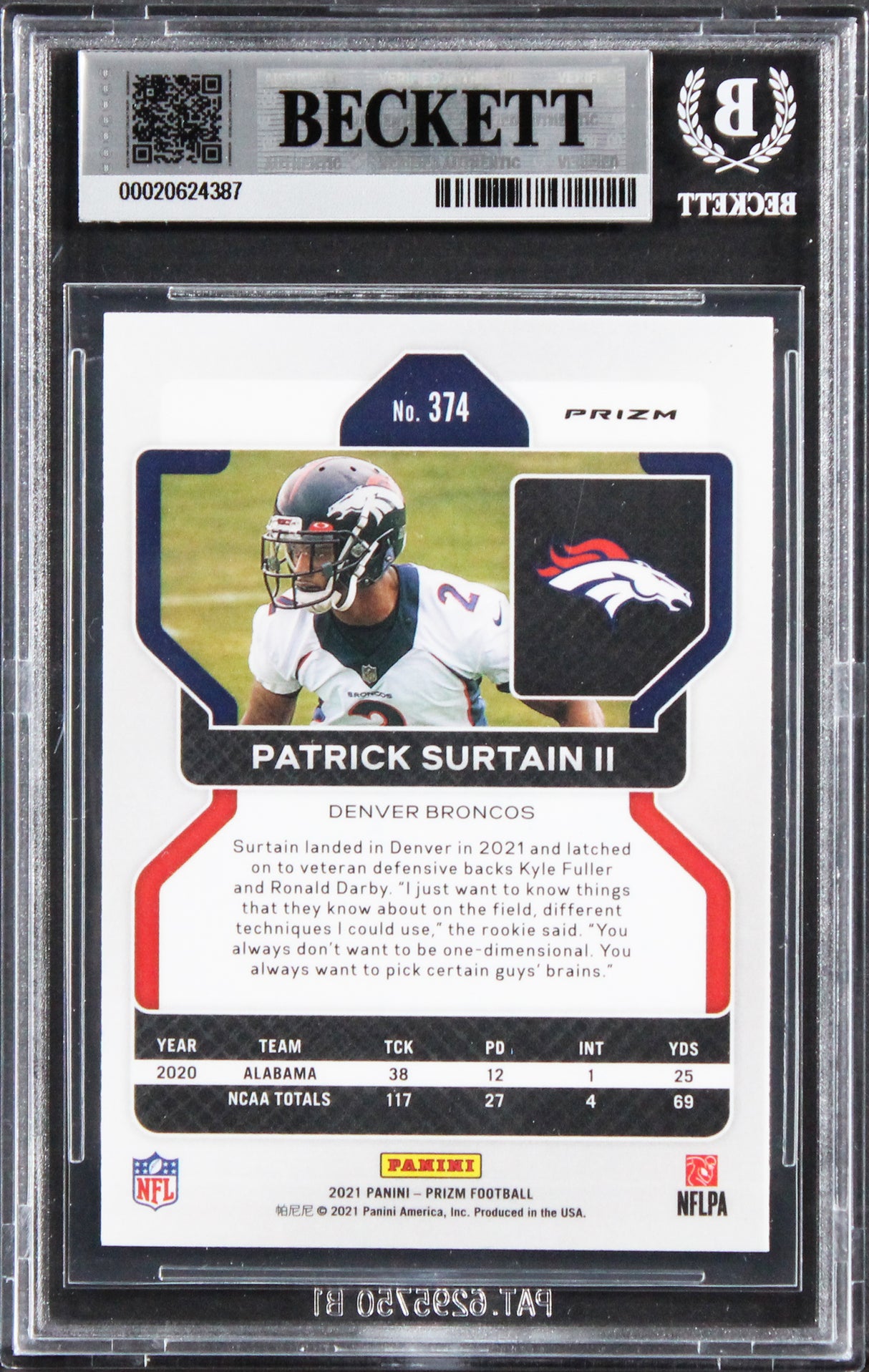 Broncos Patrick Surtain II Signed 2021 Panini Prizm Silver #374 RC Card BAS Slab