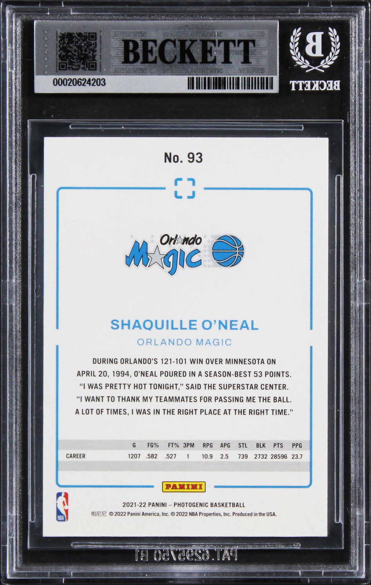 Magic Shaquille O'Neal Authentic Signed 2021 Panini Photogenic #93 Card BAS Slab