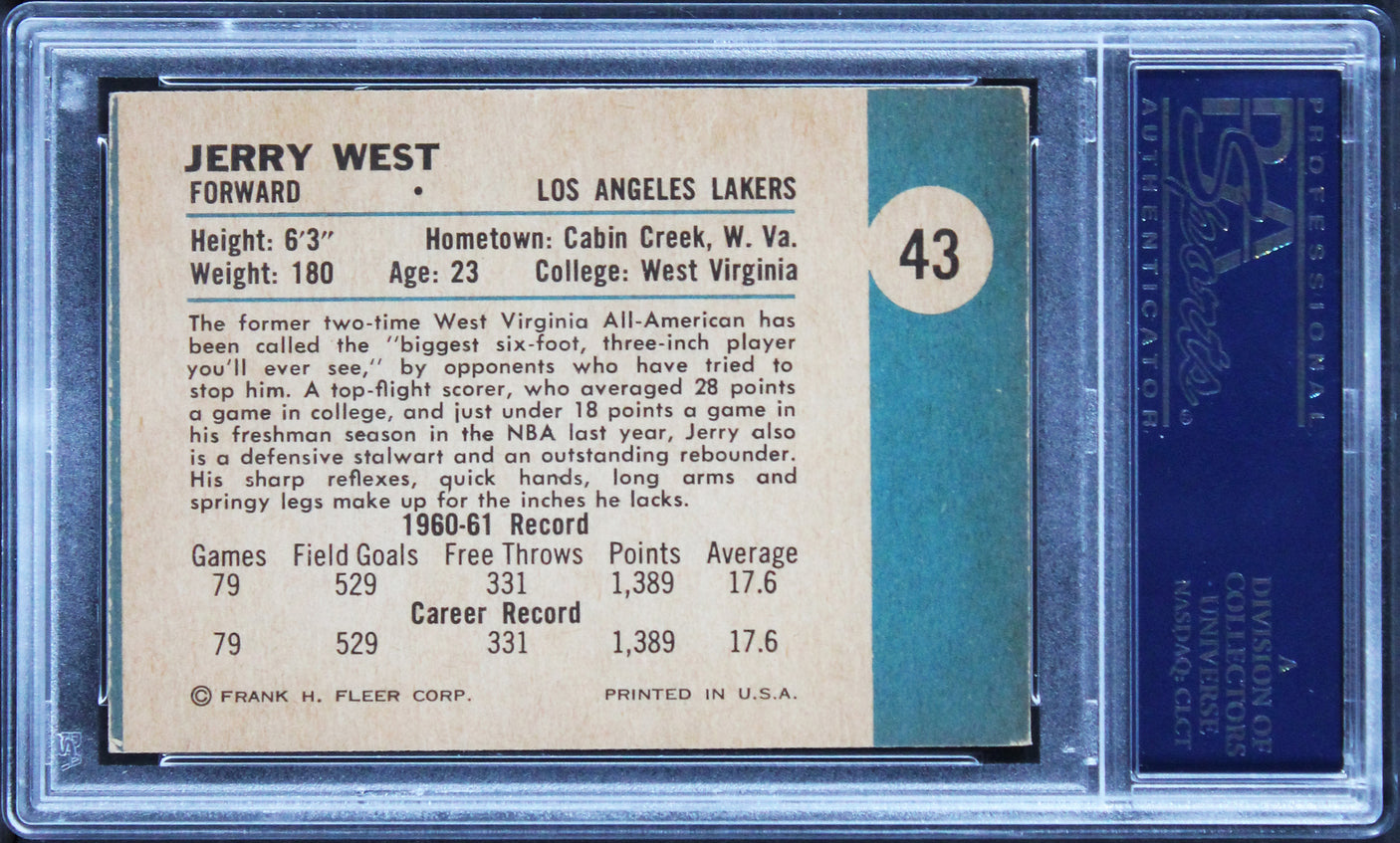 Lakers Jerry West 1961 Fleer #43 Rookie Card Graded VG-EX-4 PSA Slabbed
