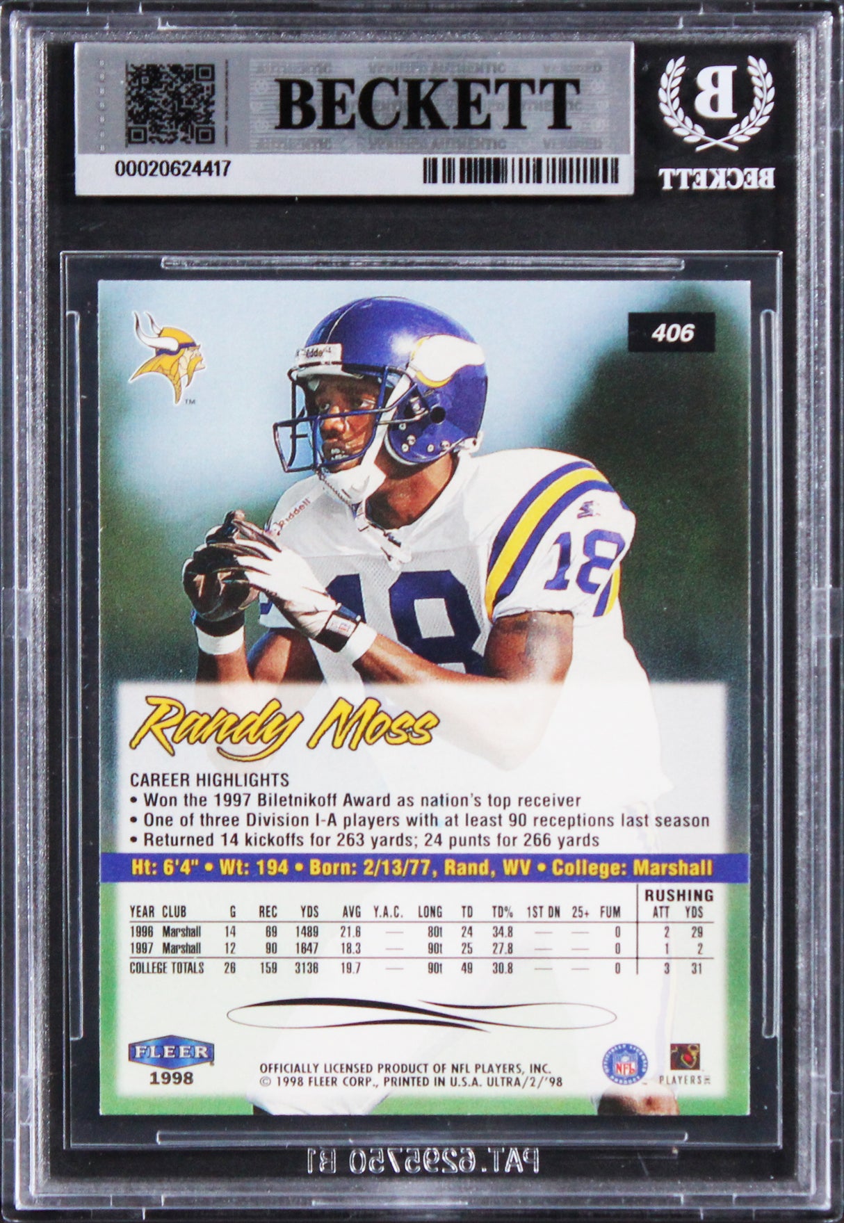 Vikings Randy Moss Authentic Signed 1998 Ultra #406 Rookie Card BAS Slabbed