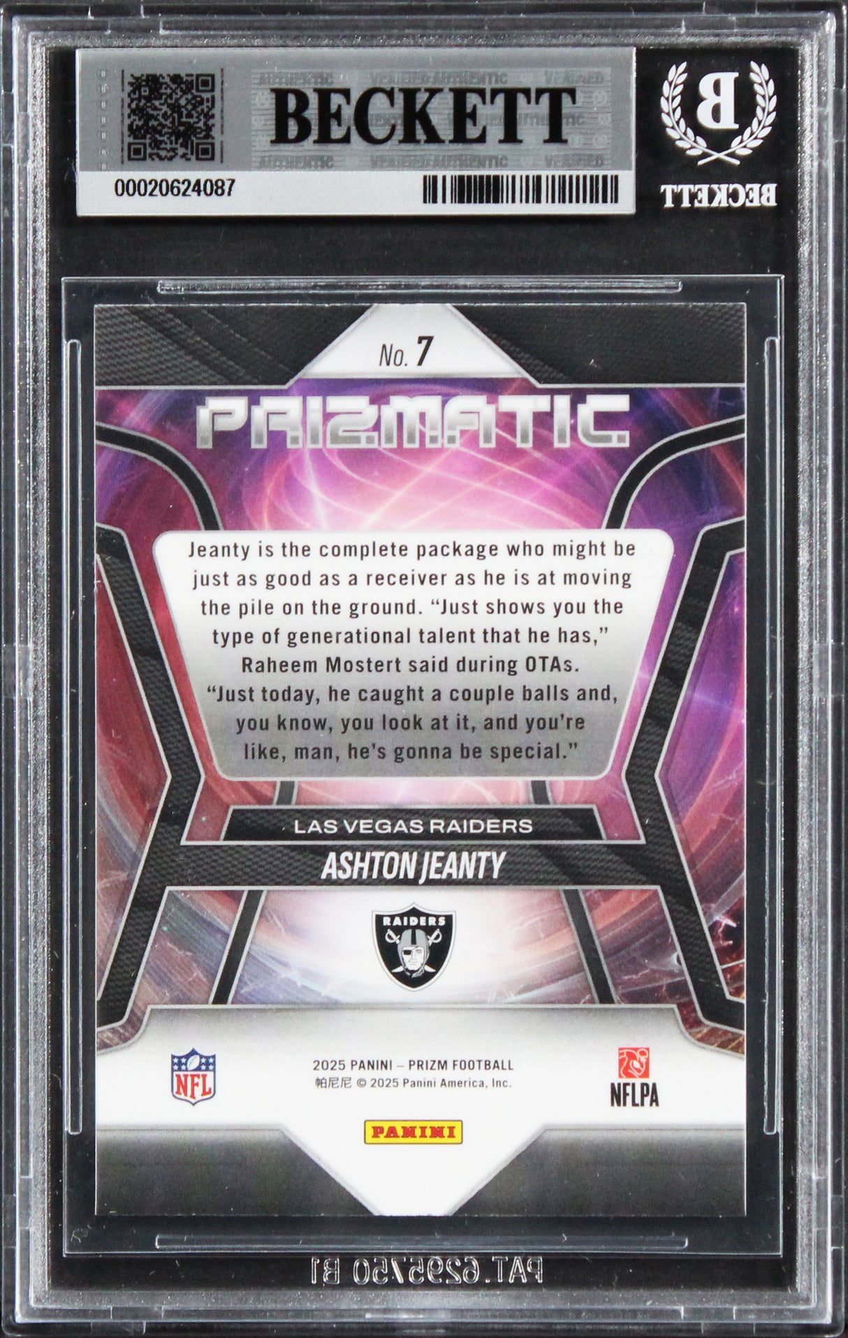 Raiders Ashton Jeanty Signed 2025 Panini Prizm Prizmatic #7 RC Card BAS Slabbed