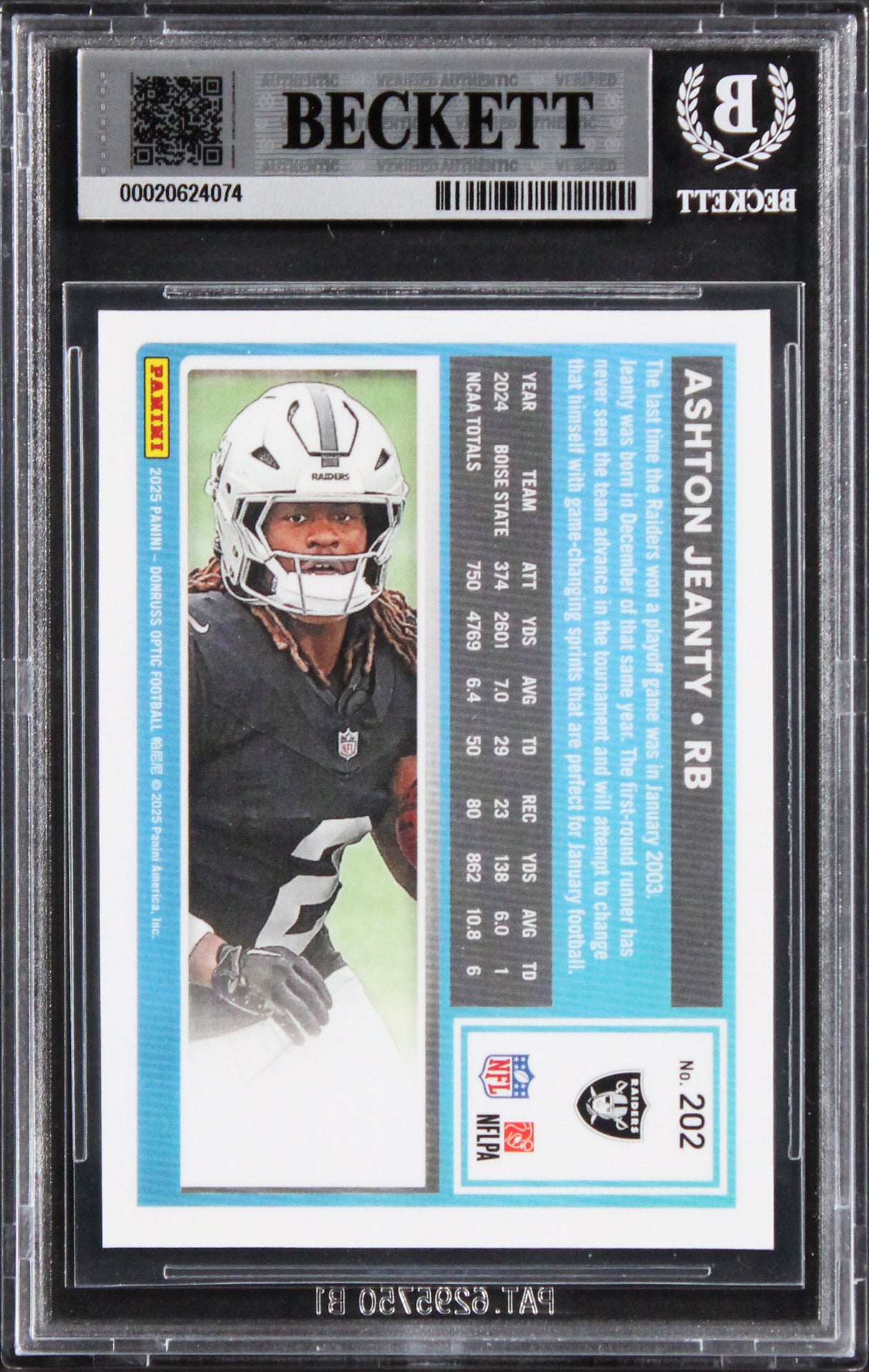 Raiders Ashton Jeanty Signed 2026 Donruss Optic #202 Rookie Card BAS Slabbed