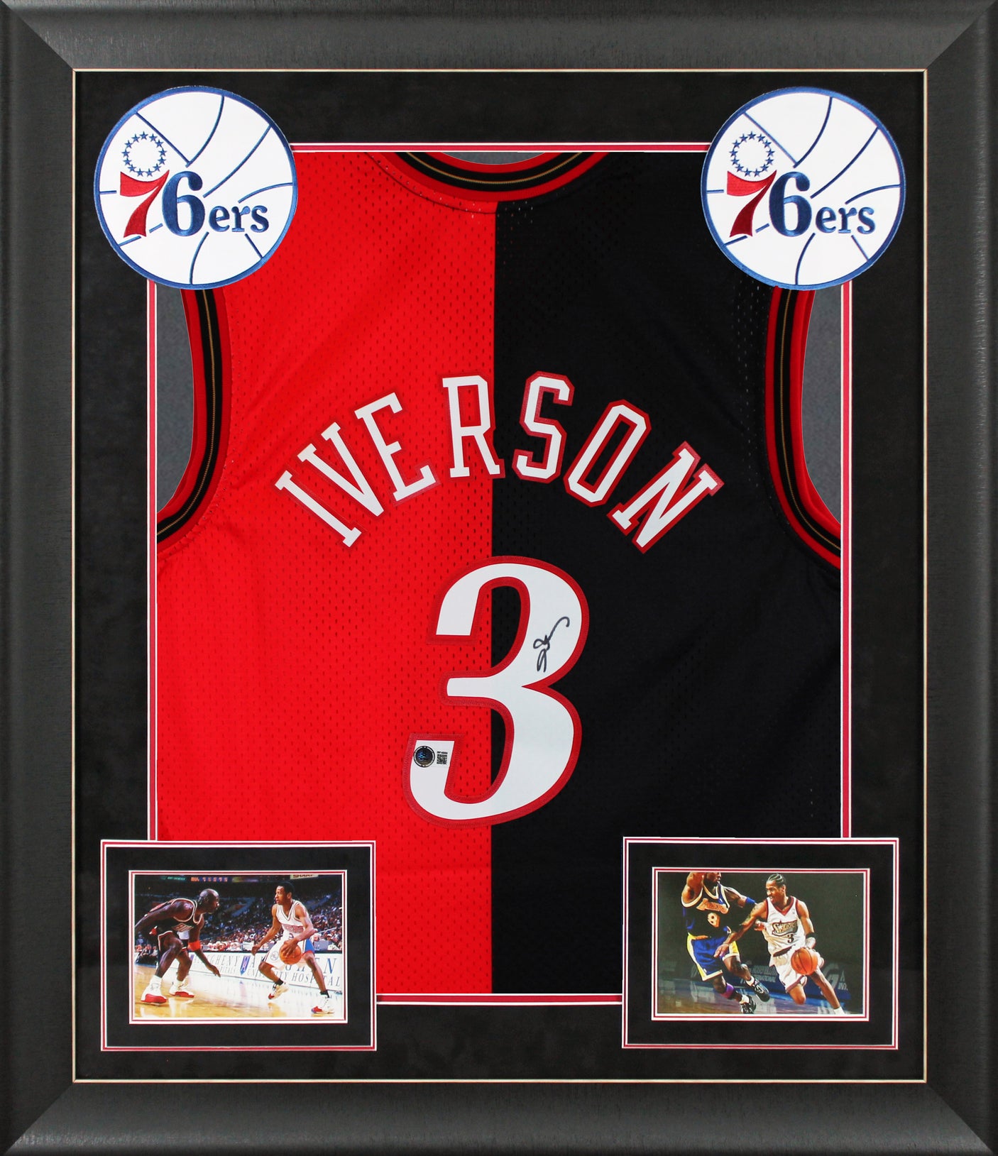 76ers Allen Iverson Signed Red & Black M&N 00-01 HWC Swingman Framed Jersey BAS