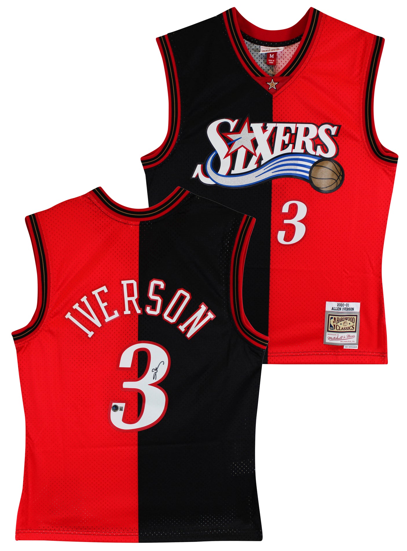 76ers Allen Iverson Signed Red & Black M&N 2000-01 HWC Swingman Jersey BAS Wit