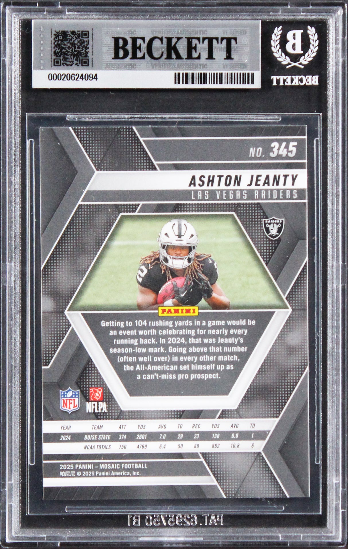 Raiders Ashton Jeanty Signed 2025 Panini Mosaic #345 Rookie Card BAS Slabbed