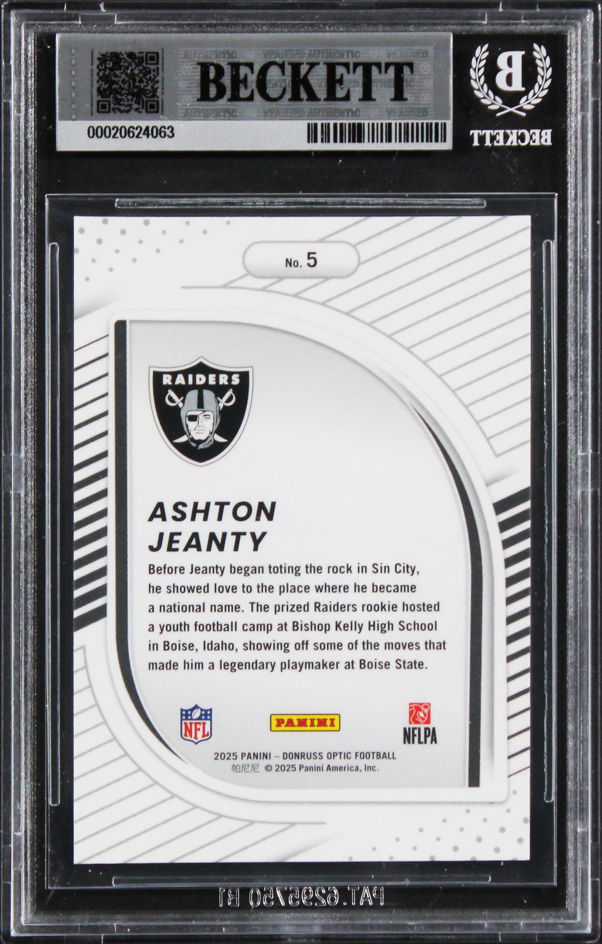 Raiders Ashton Jeanty Signed 2025 Donruss Optic HP #6 Rookie Card BAS Slabbed 2