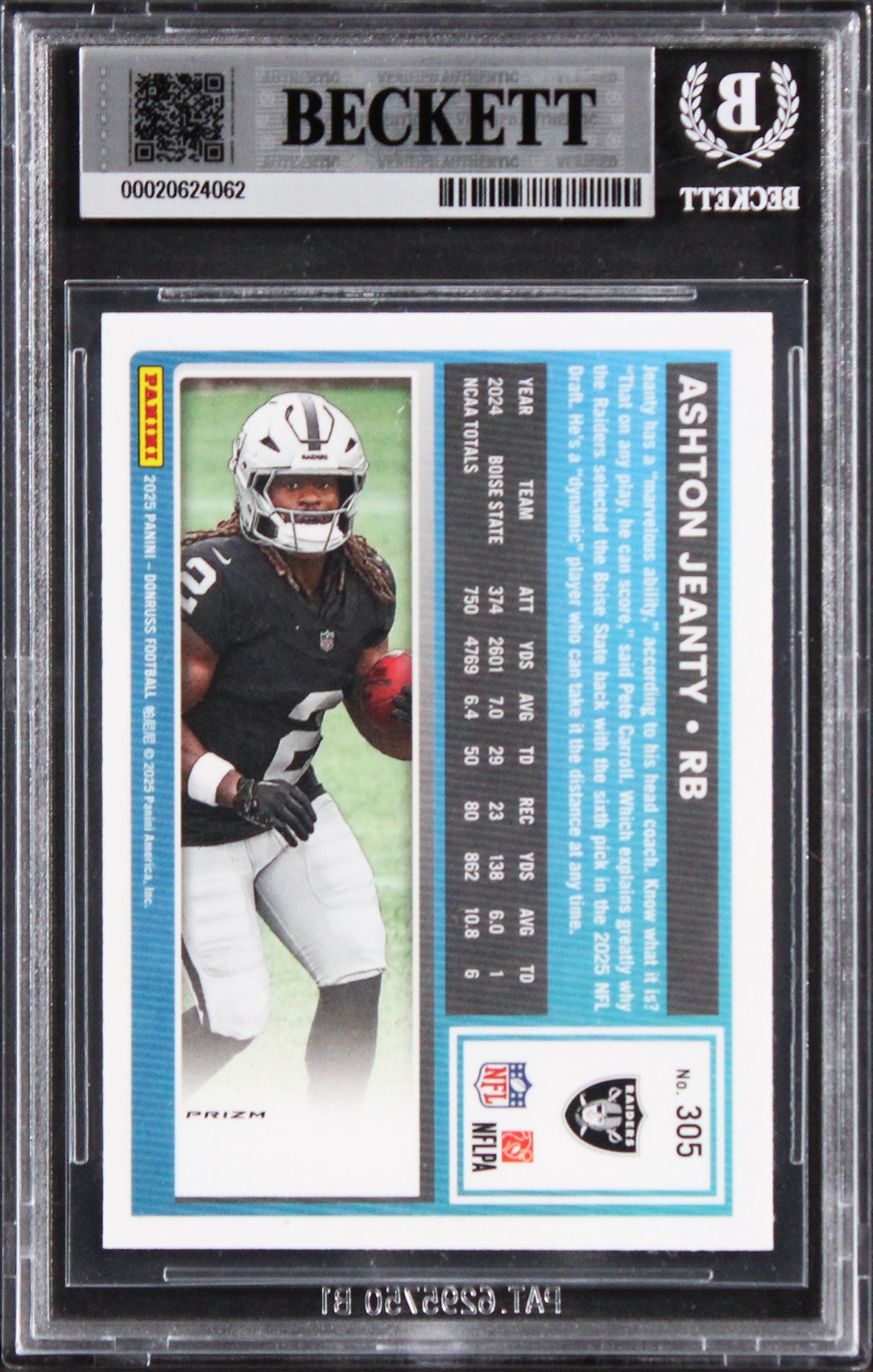 Raiders Ashton Jeanty Signed 2025 Donruss Optic Pink #305 Rookie Card BAS Slab