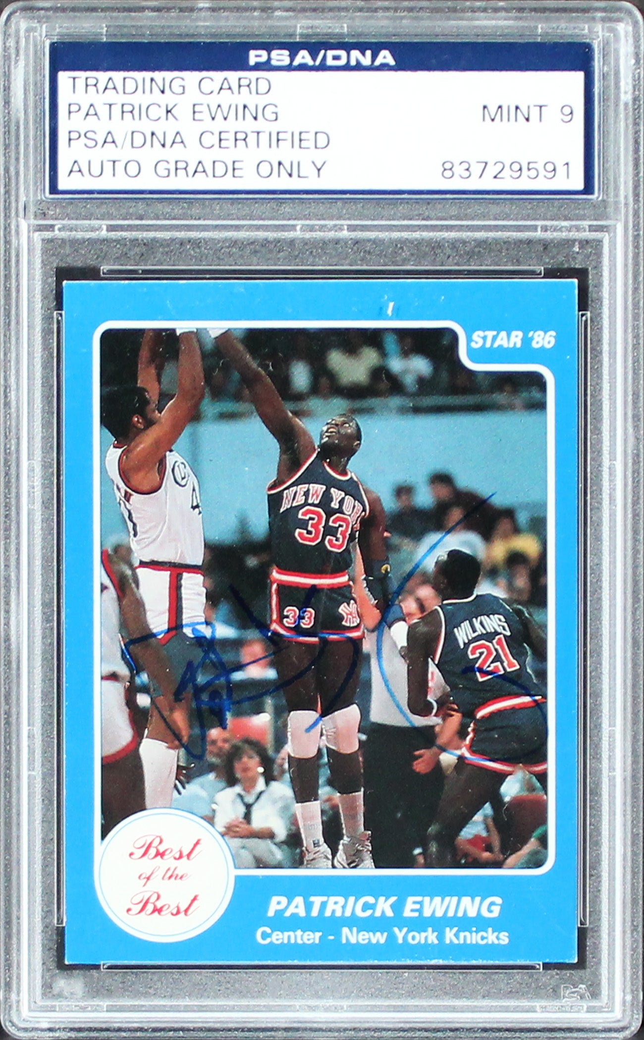 Knicks Patrick Ewing Signed Star '86 Rookie Card Auto Graded Mint 9! PSA Slabbed