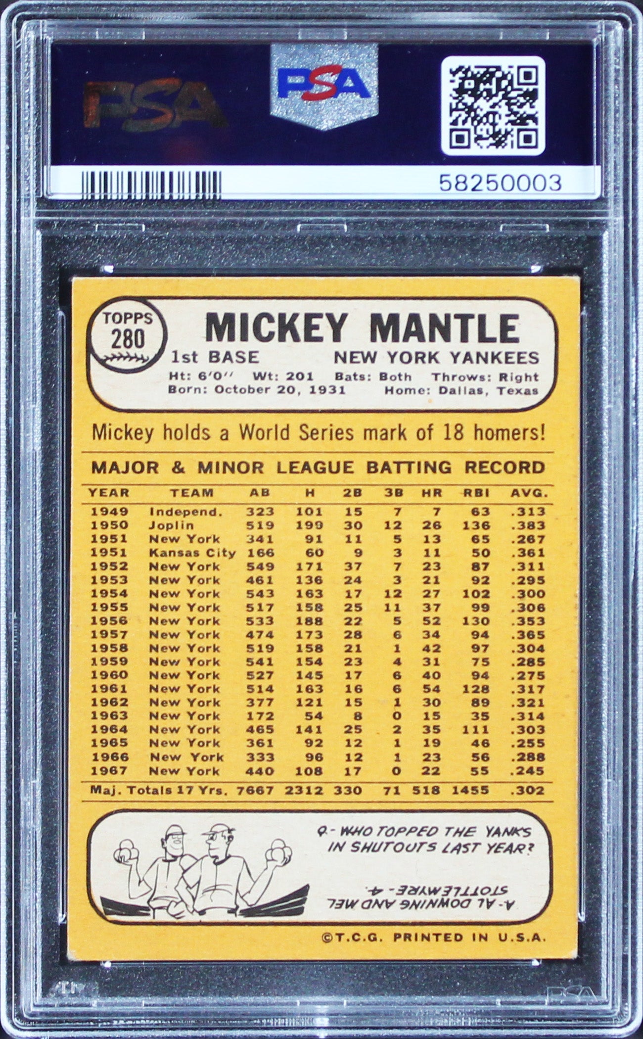 Yankees Mickey Mantle Signed 1968 Topps #280 Card Graded VG-EX 4 PSA/DNA Slabbed