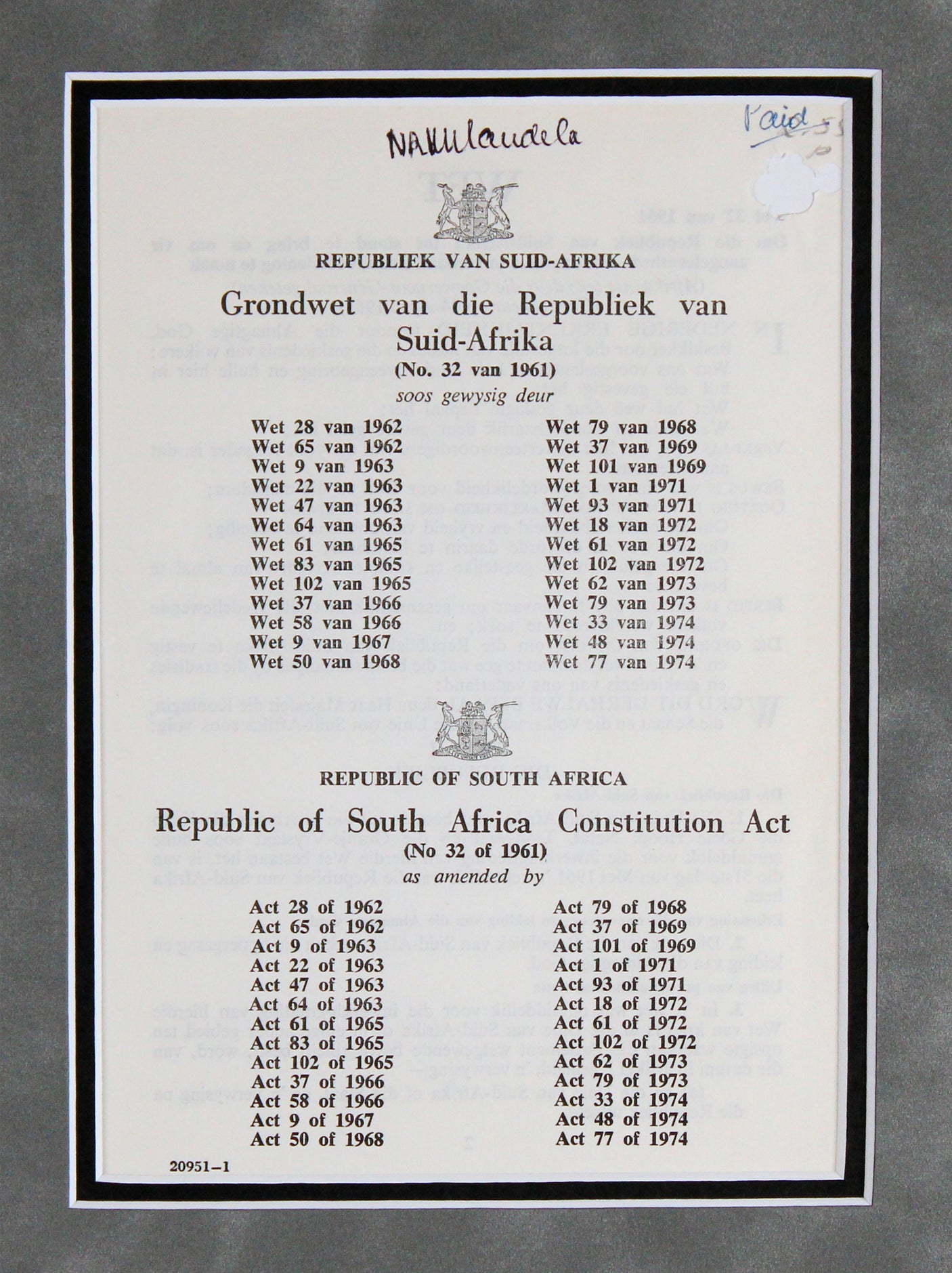 Nelson Mandela Signed 5.5x8 SA Constitution Booklet Page Framed Display BAS LOA