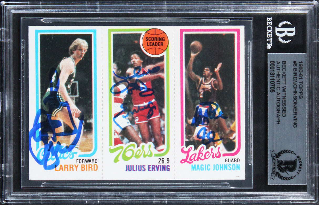 Bird, Erving & Magic Authentic Signed 1980 Topps Rookie Auto Card BAS Slabbed