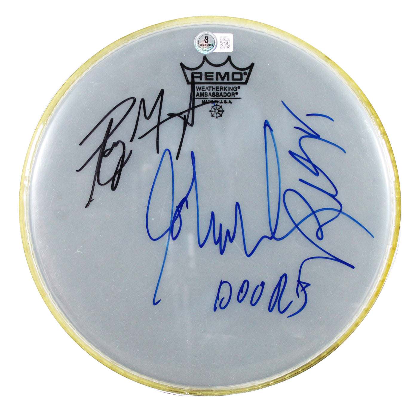 The Doors (3) Manzarek, Densmore & Krieger Signed 10 Inch Drum Head BAS #AE02871